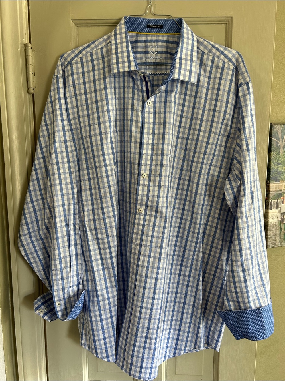 Bugatchi Uomo Classic Fit Blue White Check Button Front Dress Shirt Men’s XXL